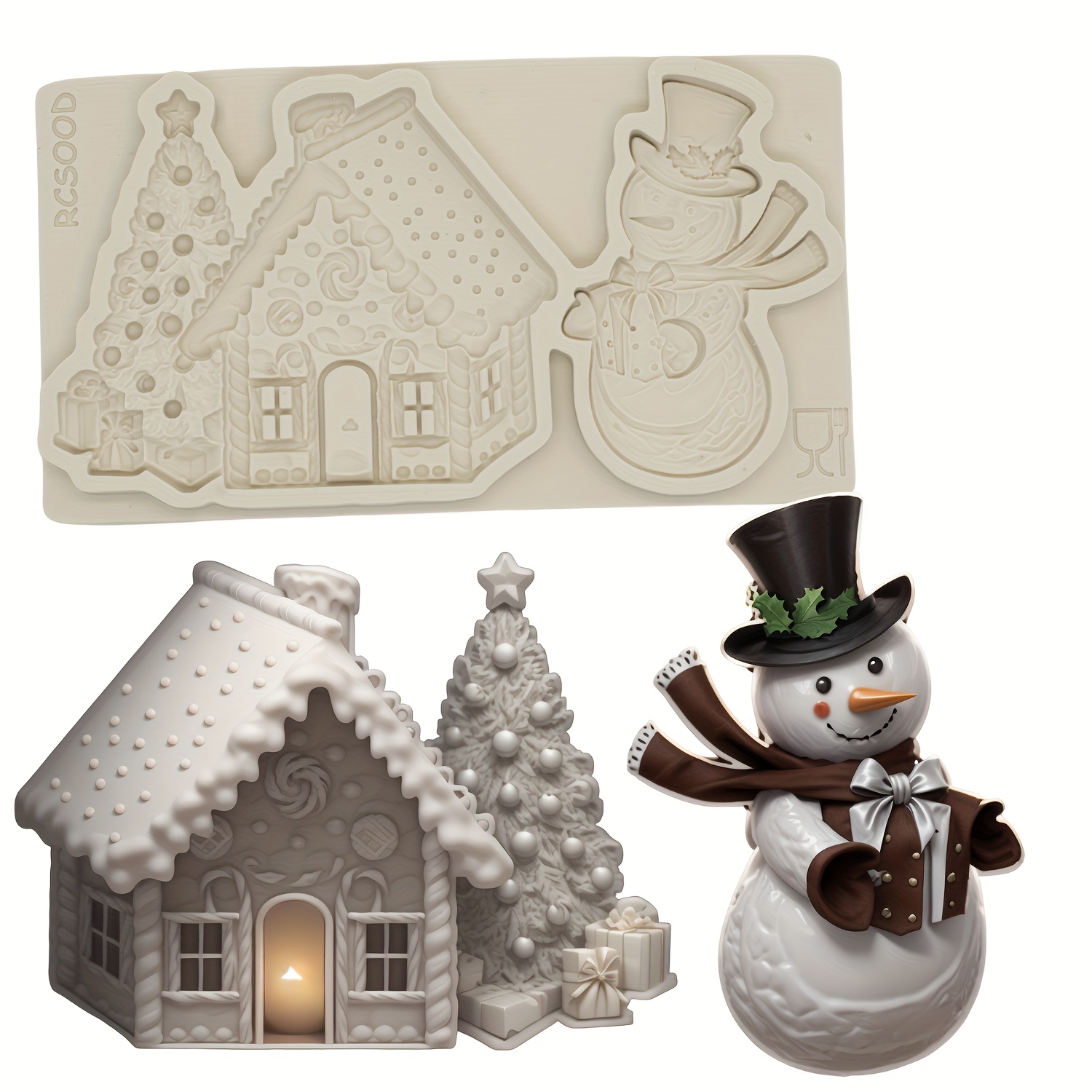 

Christmas Silicone Mold Set - Snowman & Cottage Designs For Diy Fondant, Resin, And Clay Crafts - Decor