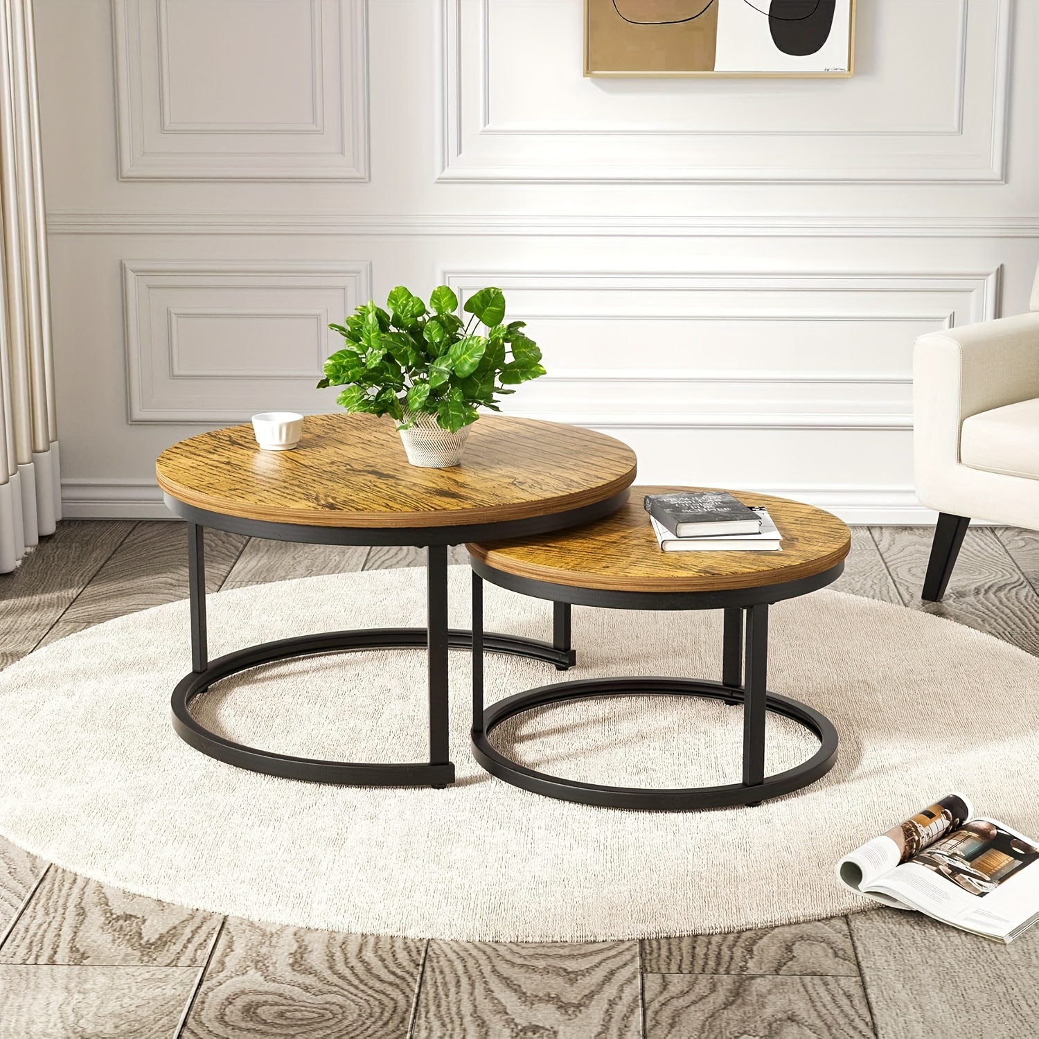 2pcs Modern Round Nesting Table Set With Frame & Laminate Tabletop - Space- Suitable For Living Room, Bedroom, Balcony Coffee Tables, Assembly Retro Furniture For Small Spaces ()