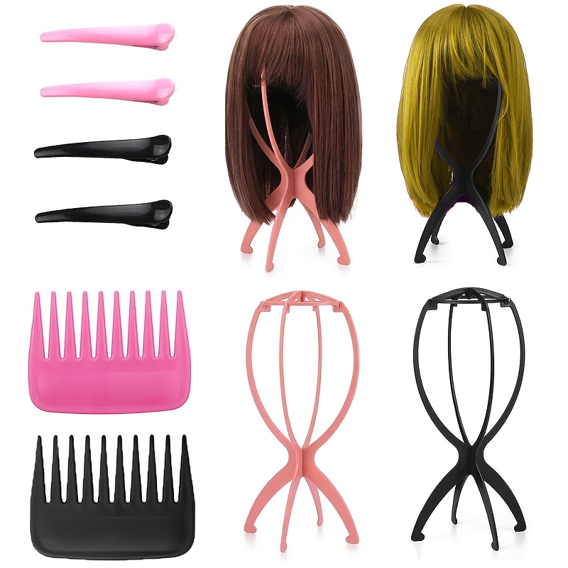 TEMU 8pcs Wig Tool Party , Includes 2 Wig Stands, 2 Beauty Brushes, 4 Clips, Portable Wig Storage Rack For Women, Home Wig Hat Stand