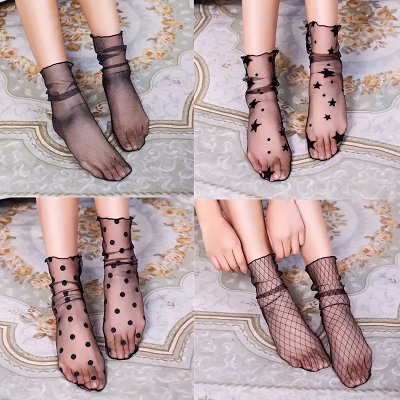 

4 Pairs Thin Lace , Women's Ankle Sheer Mesh