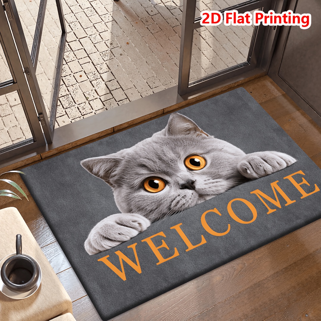 TEMU Fun Doormat | Gray Cat Peeking With Orange Eyes Welcome Pattern Print Mat, Soft Flannel, Suitable For Spaces Like Bedroom, Kitchen, Dining Room,