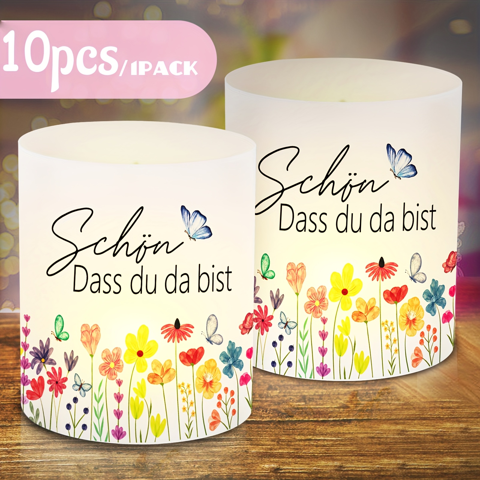 Image of 10pcs Flower Decoration Tea Lamp Sleeve Schon Dass Du Da Bist, , Table Decoration, Birthday, Table Decoration Is Very Suitable For Decorating Birthdays, Weddings, Garden Gatherings