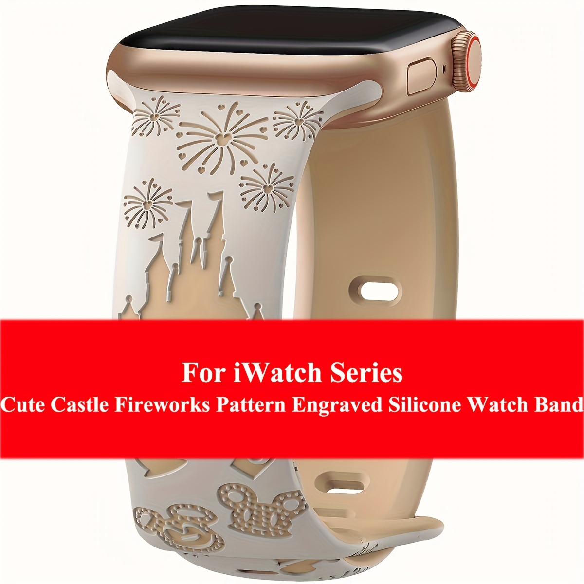 E-shop Niedliches Schloss--Muster Gravierte Armband für Apple Watch SE 40mm 44mm 41mm 45mm 49mm 38mm 42mm – Unisex, Zweifarbiges Cartoon Weiches