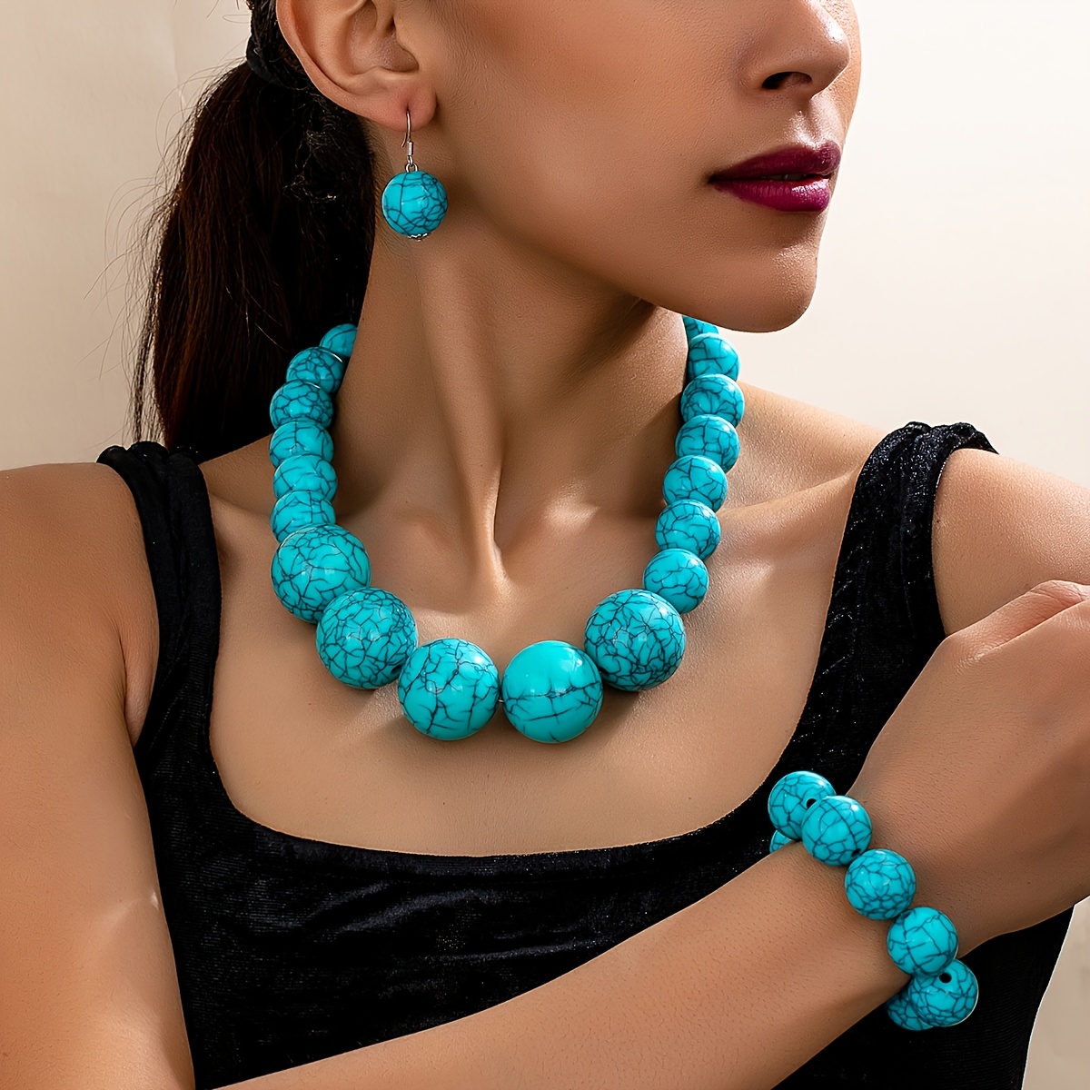 Image of 1 Set Retro Elegant Turquoise Colored Bead Necklace, Earrings, Bracelet Set Women's Holiday Birthday Date Prom Party Vacation Shopping Additions
