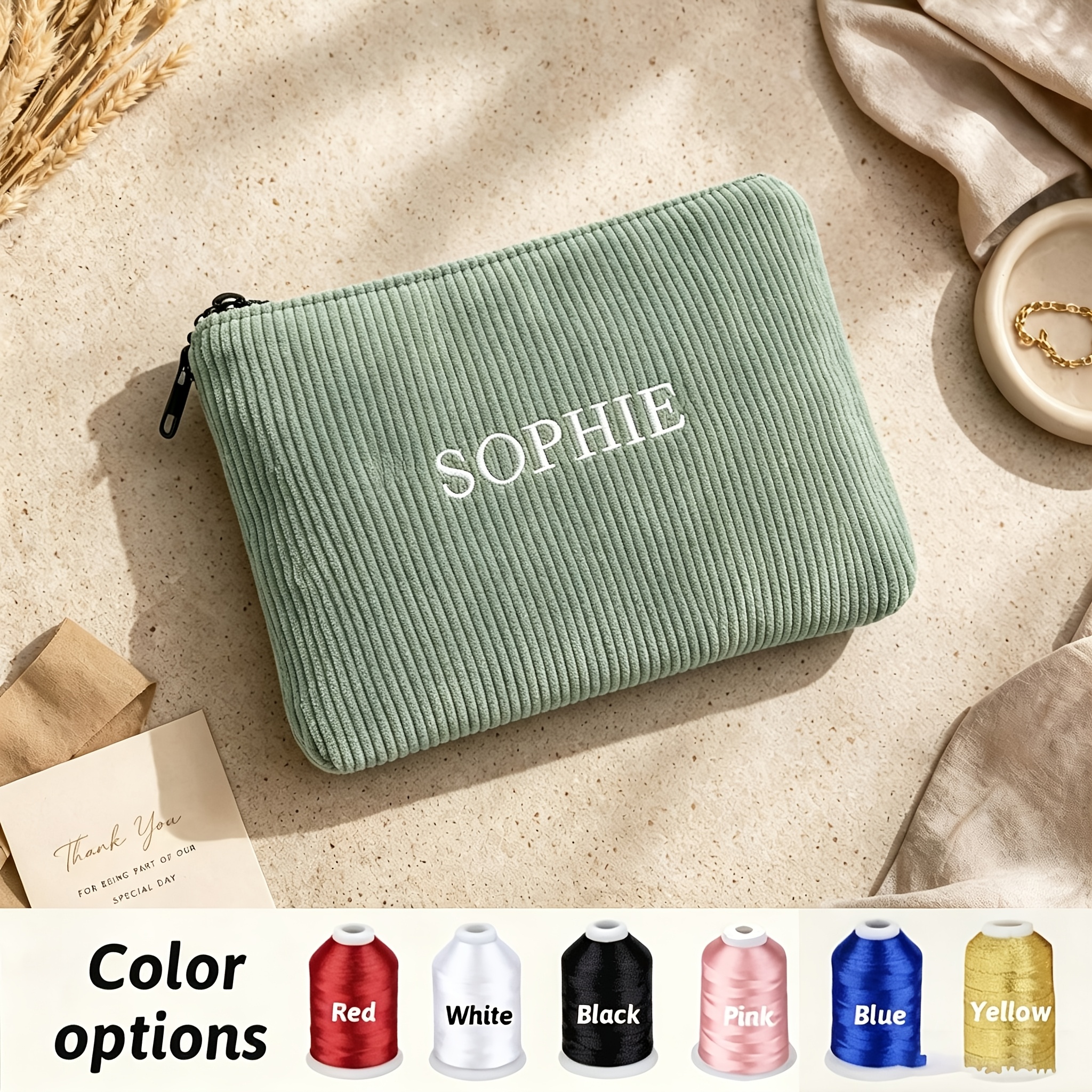 Image of Personalized Embroidered Corduroy Makeup Bag, Custom Name Cosmetic Pouch, Soft Large Capacity Travel Toiletry Organizer, Zippered Storage Bag For Women, Perfect Bridesmaid/birthday Gift
