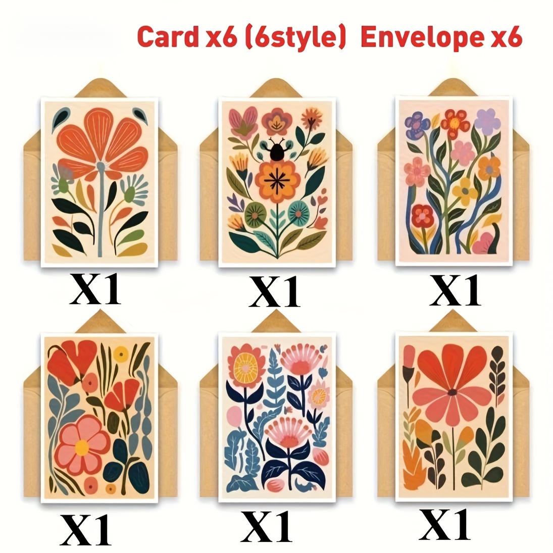 TEMU Cartes de vœux à fleurs de style moderne du du siècle avec enveloppes : lot de 6, toutes occasions - pour amis, enseignants, collègues,