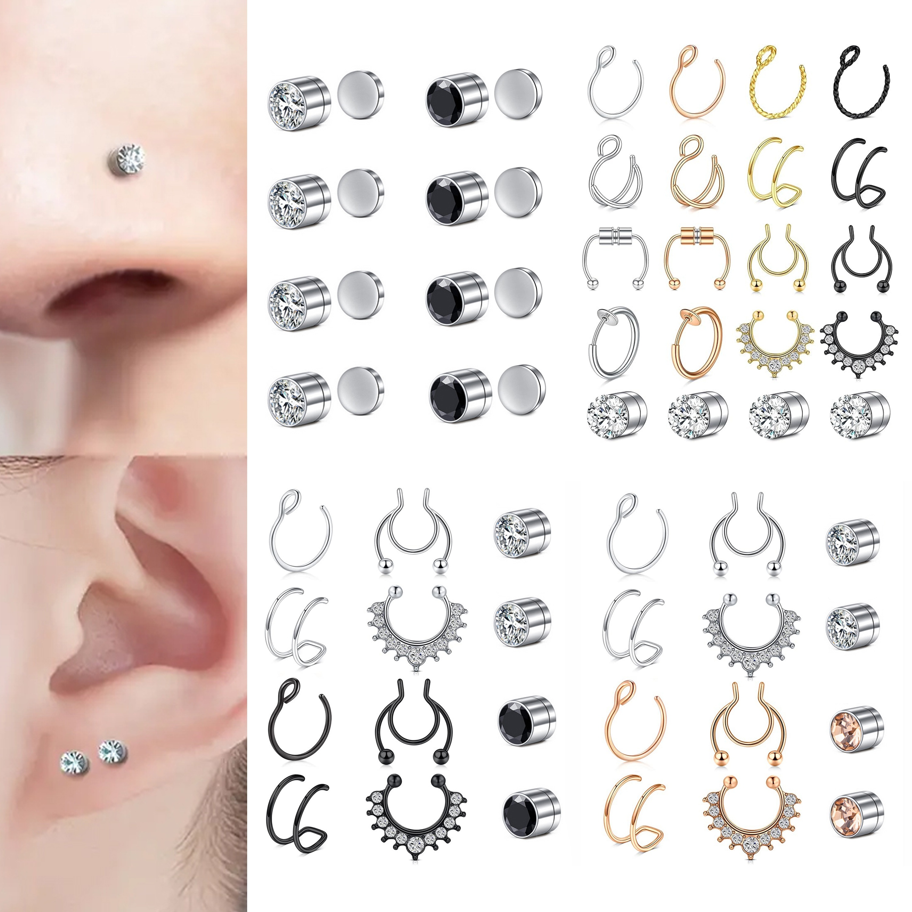 

8-piece Set Of Magnetic Fake Nose Studs, Personalized Punk Style Fake Ear Studs Silver Steel Stainless Steel, Fashionable Women's Nose Non Piercing, Jewelry Set Of Multiple Pieces