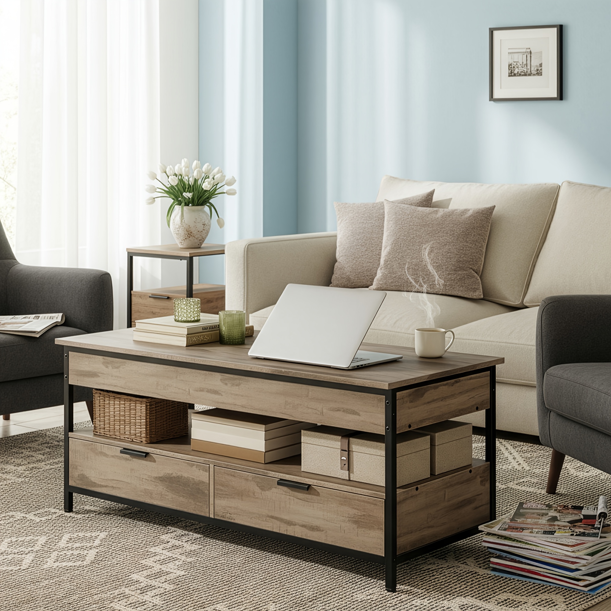 TEMU Table basse de salon avec rangement ouvert, plateau , tiroirs et compartiment dissimulé, mesurant 120 x 50 cm, couleur marron et noir