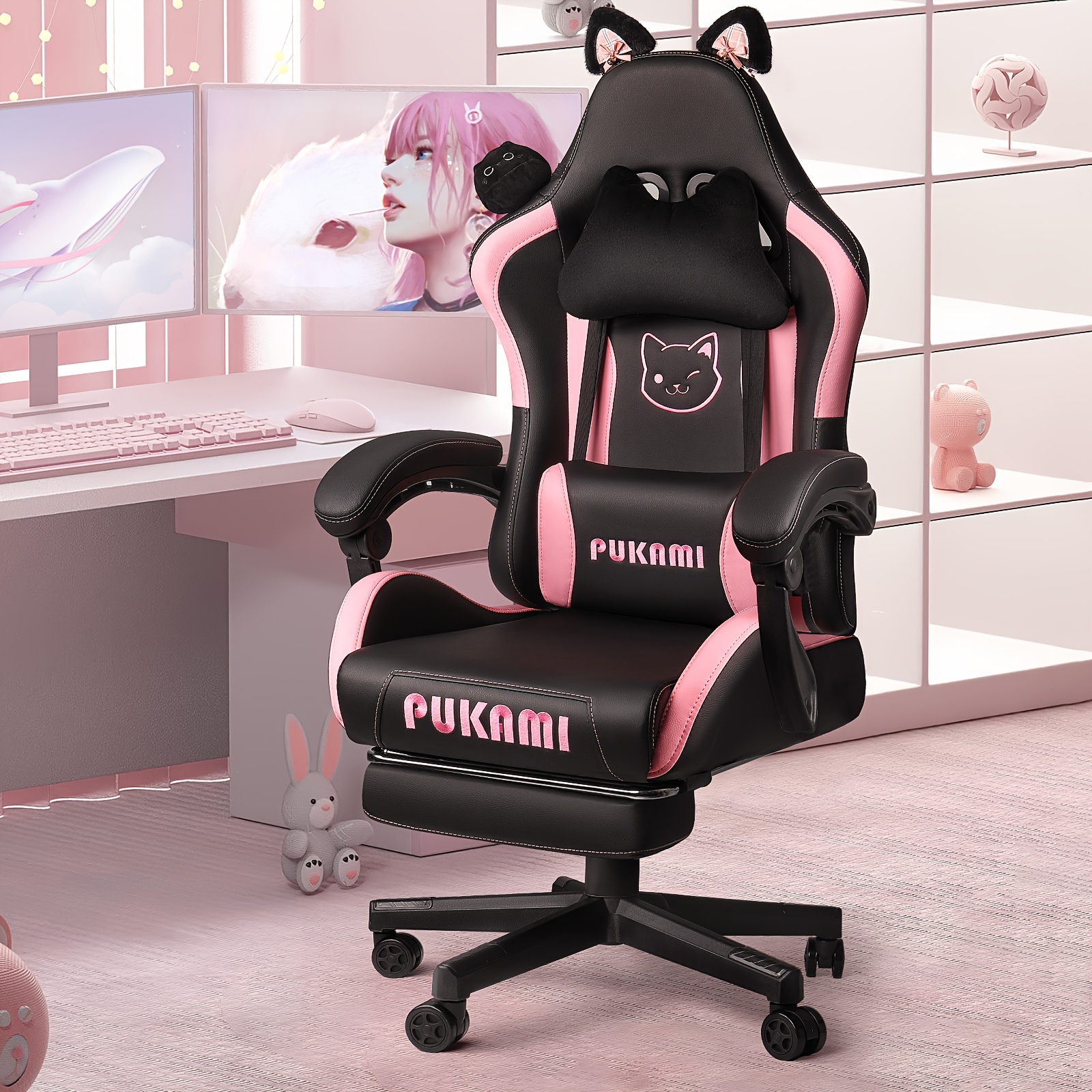 

Ergonomic Leather Gaming Chair With Cute Cat Ears, - Cozy Computer Chair With Lumbar Support & Footrest For Teens And Adults, Game Chair