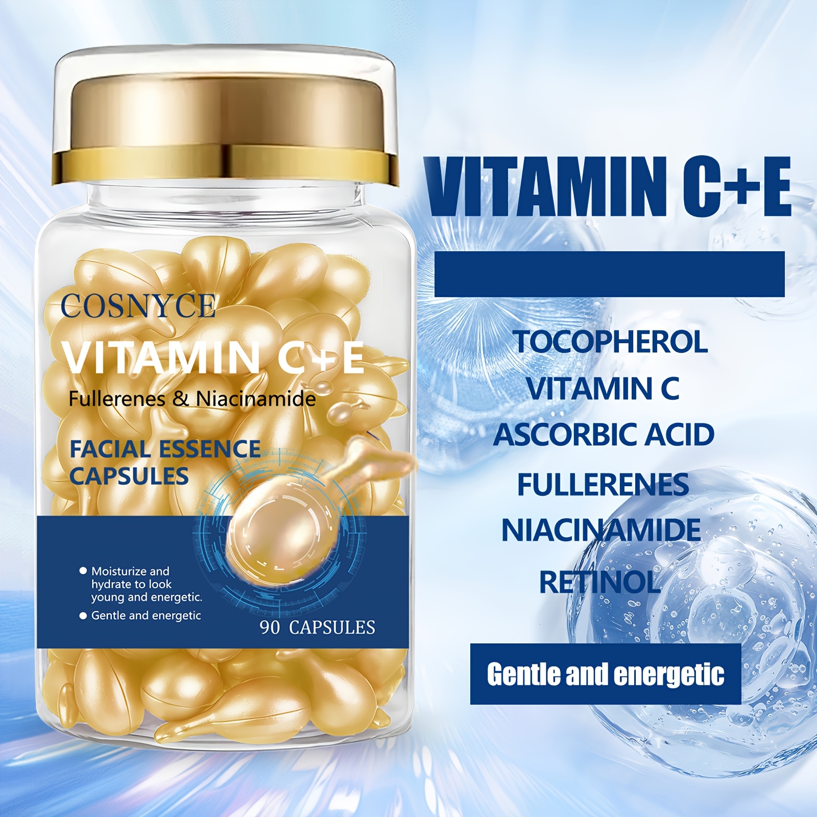 Cosnyce Vitamin C+E Capsules With Glycerin, Fullerenes & Niacinamide | Moisturizing Facial Essence For Sensitive Skin, Unscented, 90 Capsules