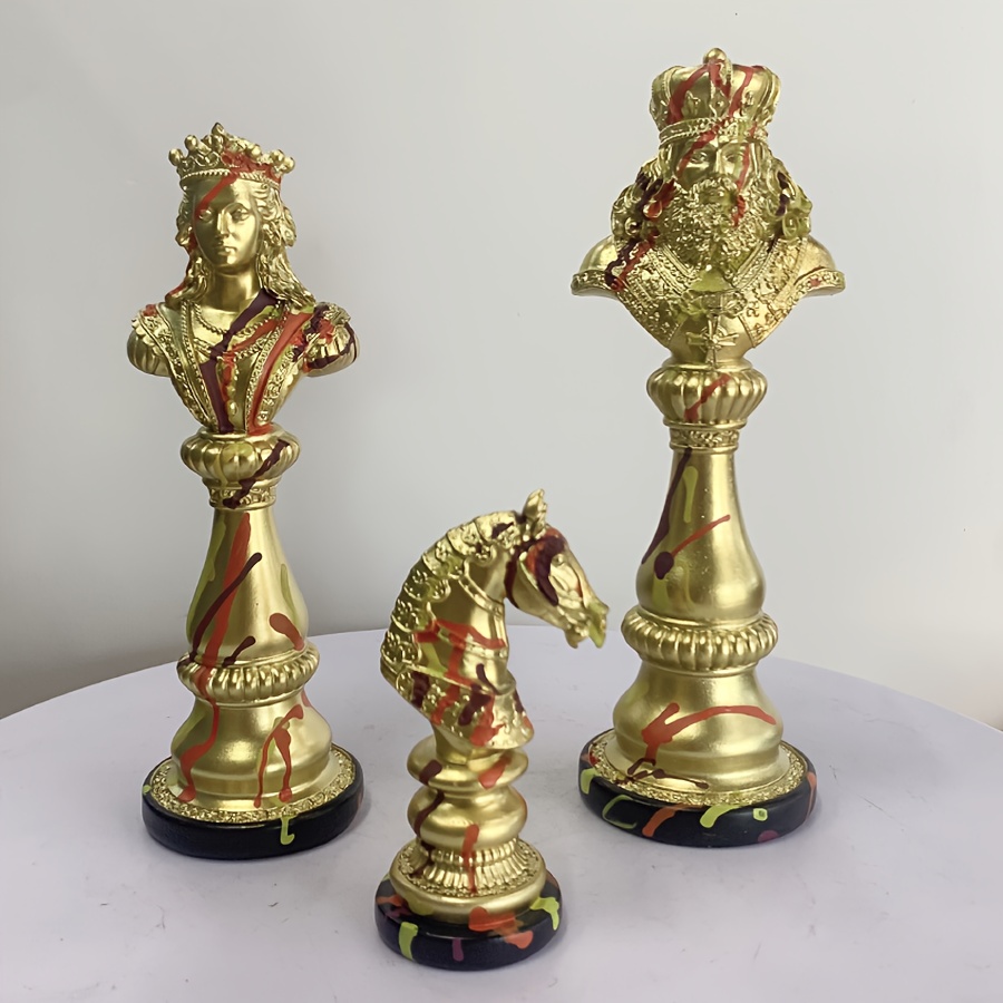 Image of Set Of 3 Vintage Resin Outdoor Chess Pieces - Elegant Realistic Horse, & Statues, Tabletop Game Decor For,, Game Room - Ideal Christmas/ Gift For & (suitable For Xxx)