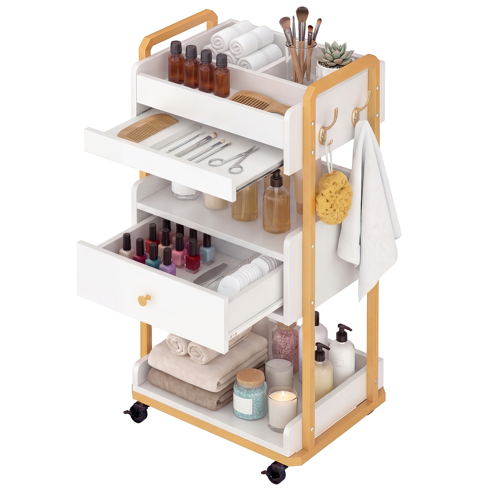Image of Hairdressing Cart, Beauty Cart With Drawer And Pull-out Shelf, Beauty Trolley On Casters, Cart For Beauty Salons, Nail Salons, And Hair Salons, 360° Casters With Brakes, White And Golden