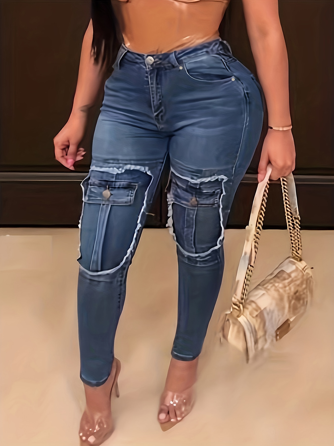 Plus Size Casual Jeans, Women's Plus Solid Button Fly Wide Leg Cargo Jeans  With Pockets