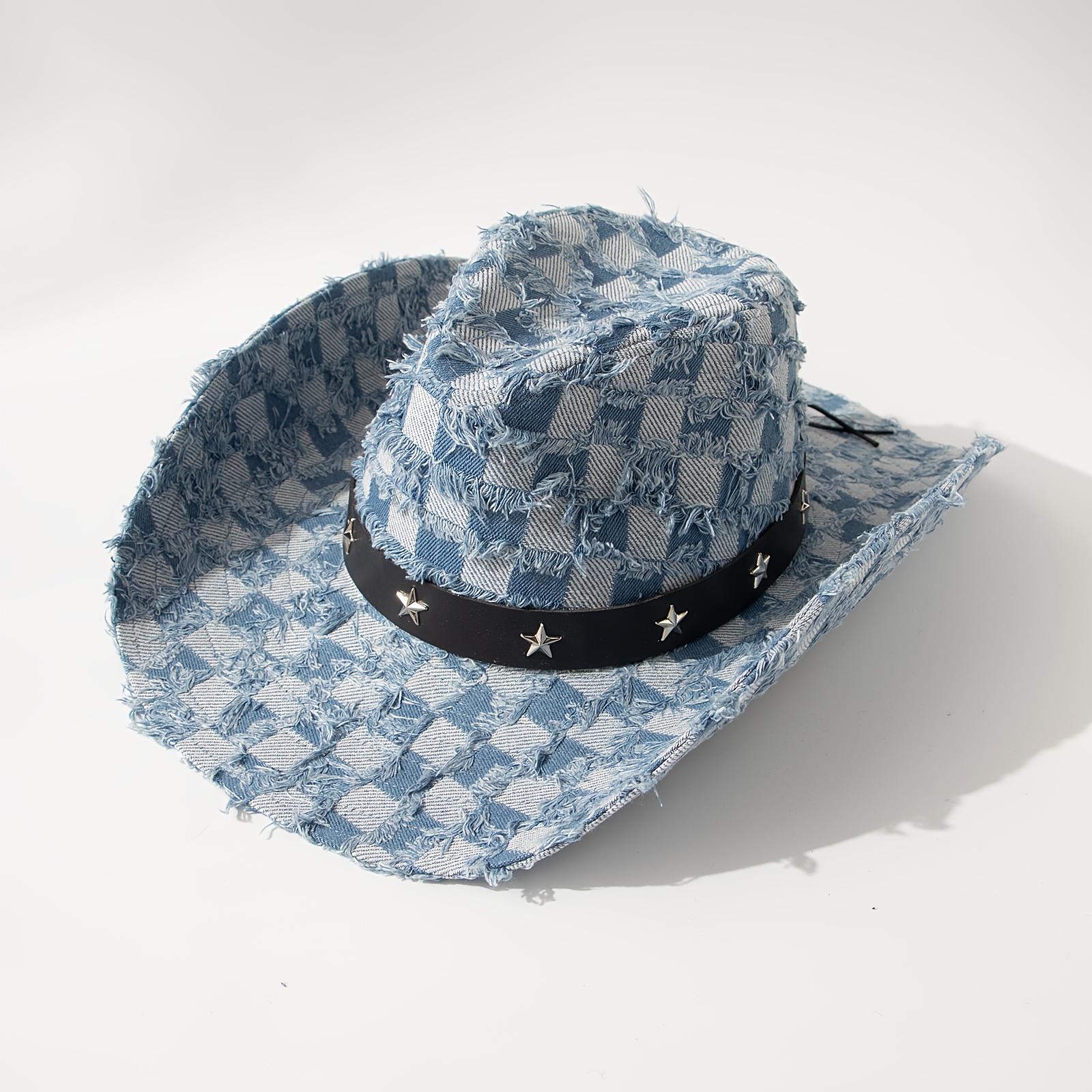 Blue Checkered Cowboy Hat Checkered Fringe Denim Cowboy Hat - Denim Collection main image 4