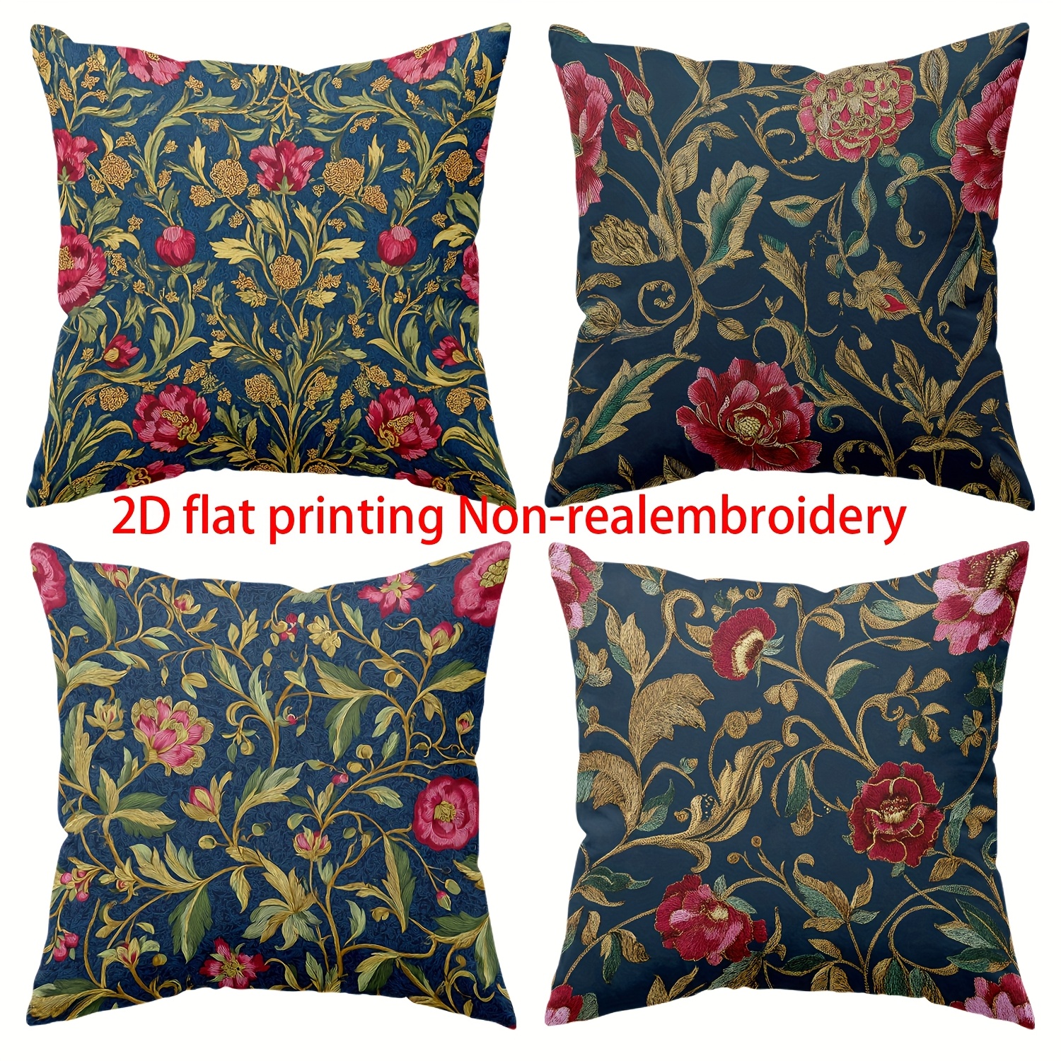 TEMU Set Of 4, William Covers - Flat Printed Design Featuring A Red Floral And Vine Motif, Measuring 18x18 Inches - Made From Sturdy Polyester -