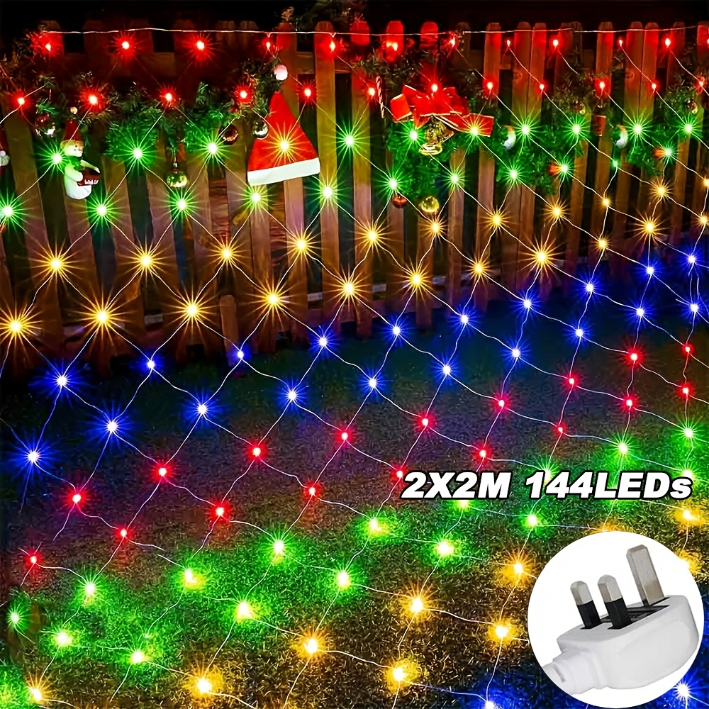 TEMU 1pc 144led String Fairy Net Lights 2x2m Curtain Mesh Party Garden Home Window Decor Uk Plug In Multicolor String Light, Halloween Decorations