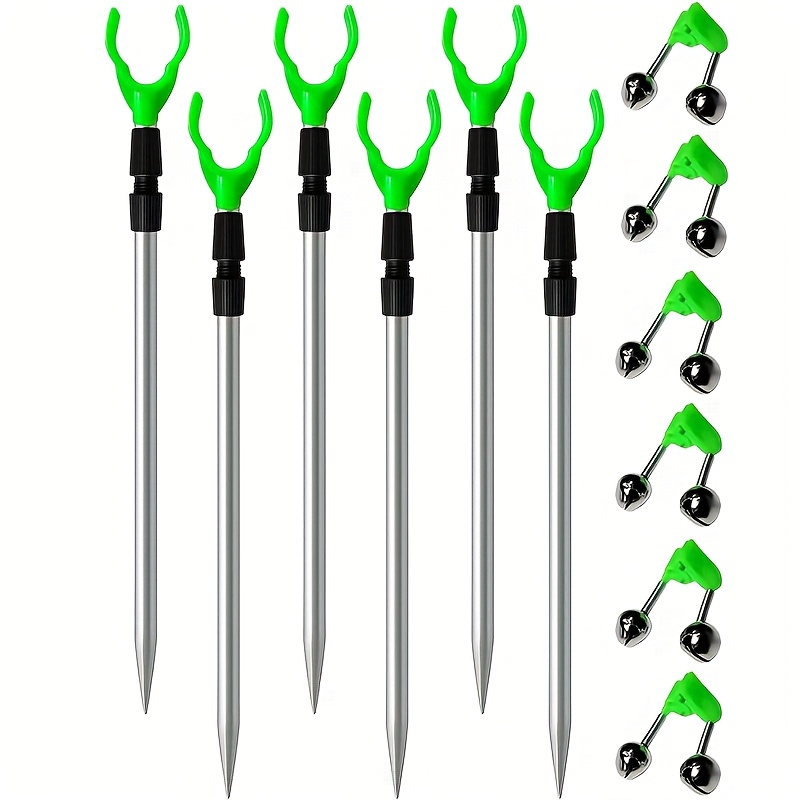 E-shop 12-teiliges Boden-Angelrutenhalter-Set: 6 Teleskop-Angelrutenhalter, geeignet für sandige Uferbereiche, inklusive 6 Alarmglocken