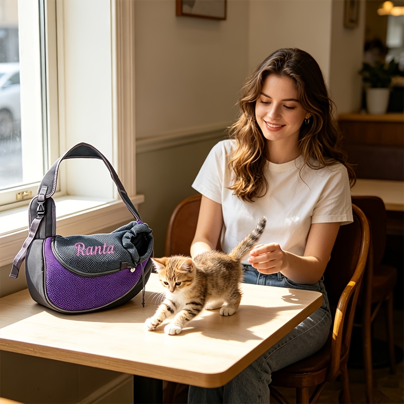 Custom Embroidered Pet Outing Shoulder Bag, Mesh Breathable Adjustable Shoulder Strap Cat and Dog Portable Carrier, Available in 5 Colors and 2 Sizes, Outdoor Pet Walking Bag, Cat and Dog Personal Carry Storage Bag, a Practical and Thoughtful Gift