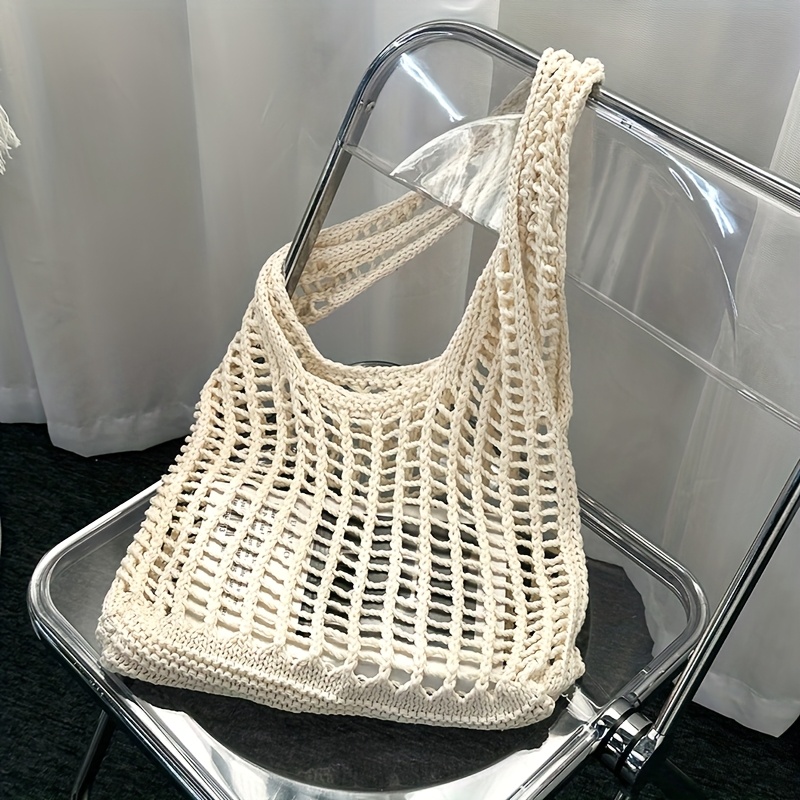 TEMU Sac à bandoulière uni en , sac fourre-tout bohème polyvalent en crochet , sac à main tissé décontracté de grande pour femme