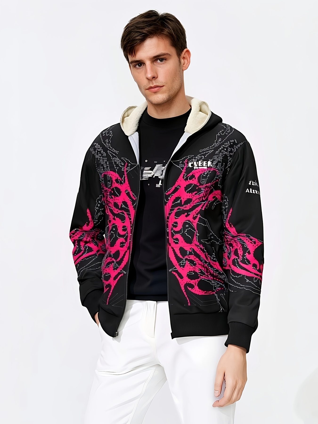 men's cyberpunk fleece-lined zip-up hooded jacket neon green