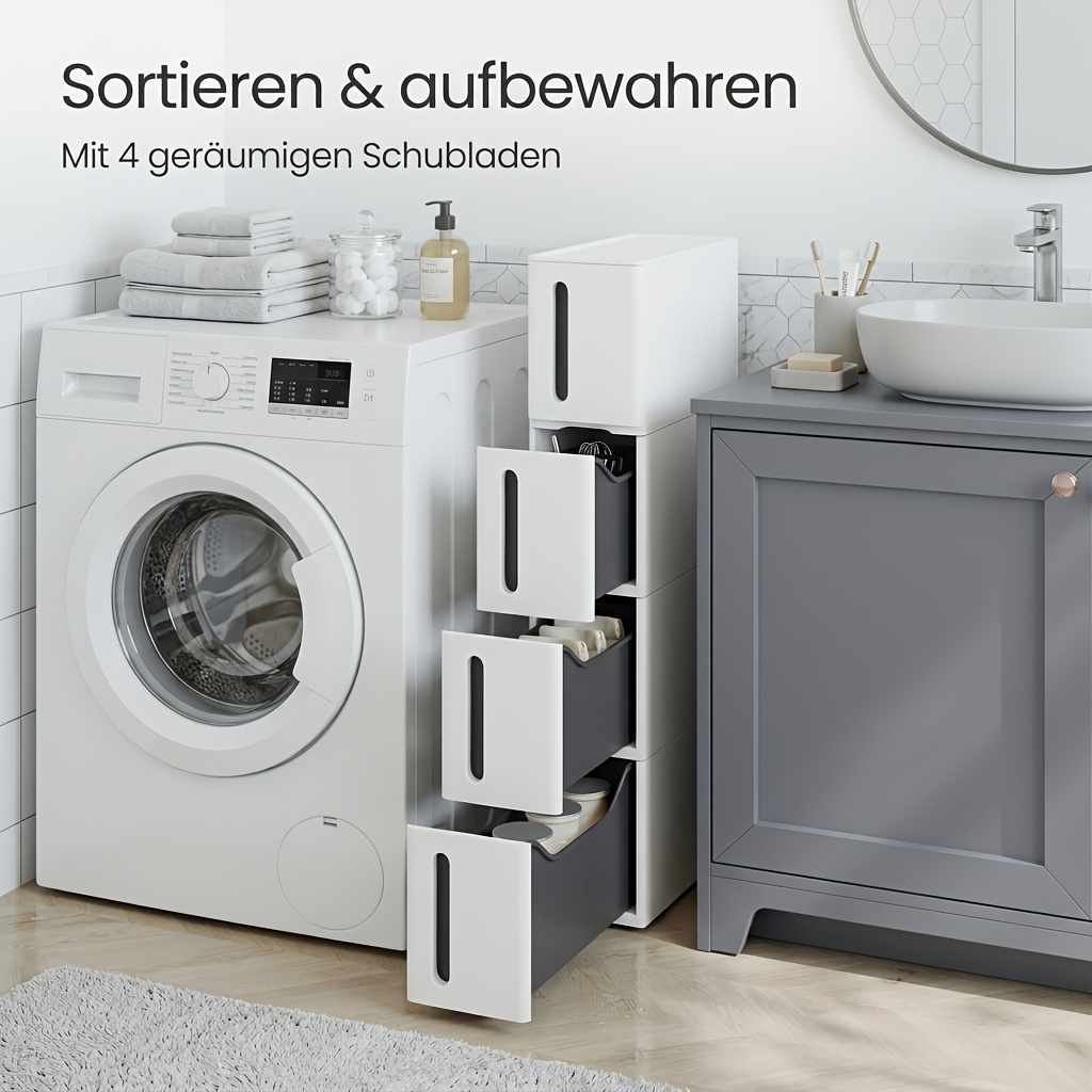 Image of Storage Tower On Wheels Narrow Kitchen Column 4 Tier Plastic 45 X 17 X 84 Cm, Storage Drawer Units
