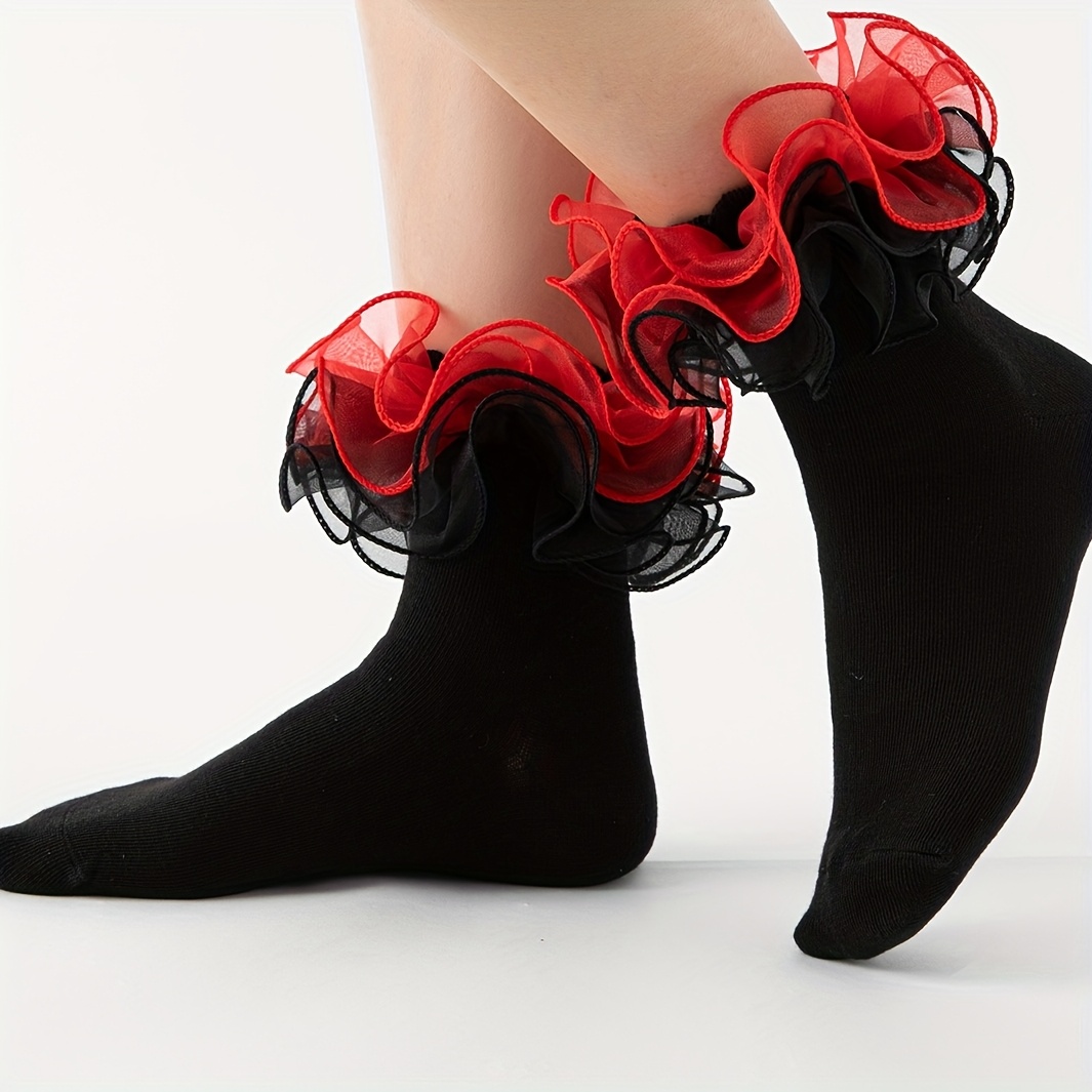 E-shop 1 Paar Damen Mid-Calf Socken mit Rüschen Großer Kamm-Spitze, Geeignet für Tanz, Partys und