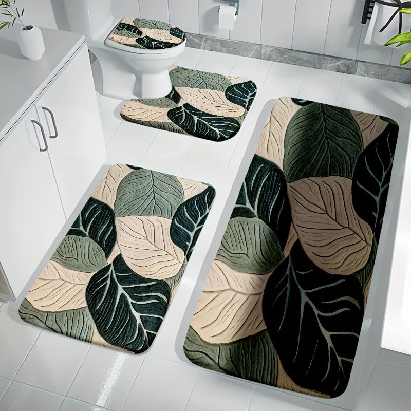 TEMU Ensemble de 4 tapis imprimés motif feuilles (en flanelle, éponge de 1,2 cm d'épaisseur, 18D, poids par 500), parfait , améliorant de bain, tapis