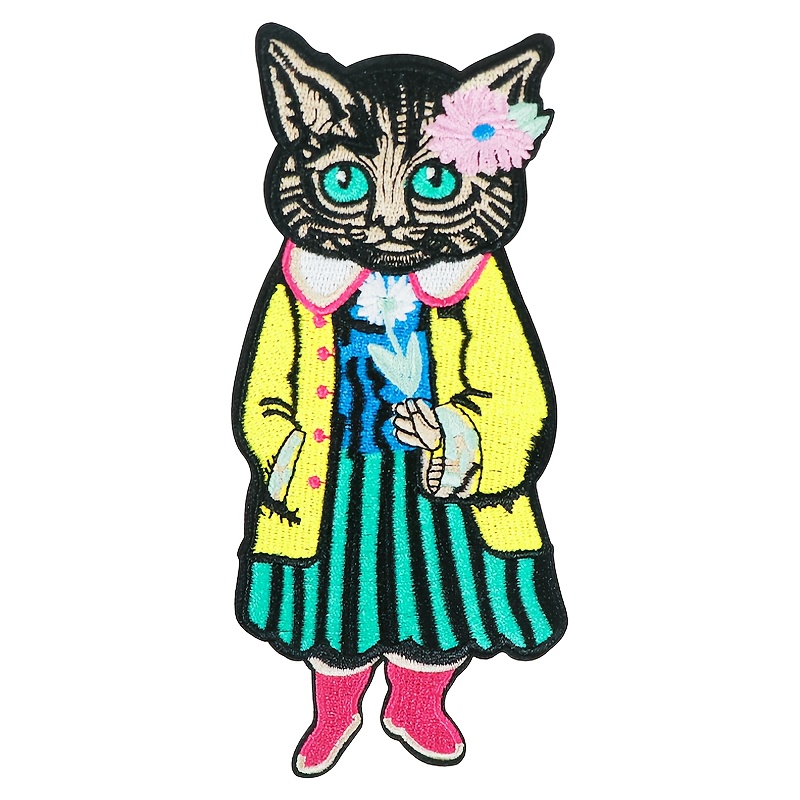 TEMU 1 Pack Large Cute Cat & Duck Rockabilly Iron On/sew-on Patch - Colorful Embroidered Diy Biker Emblem Suitable For Jackets, Jeans, Backpacks -