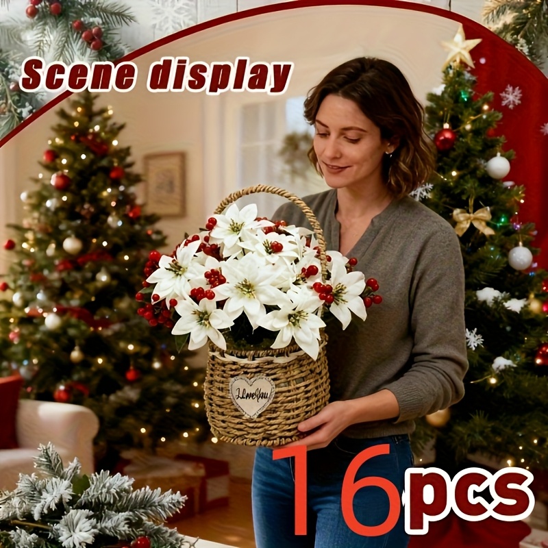 Image of [16pcs Artificial Poinsettia Flower And Set] 14pcs 2pcs Artificial Poinsettia And 14pcs Beautiful Artificial Berries Perfect Christmas Gift, Red And White Artificial Flower Christmas Decoration