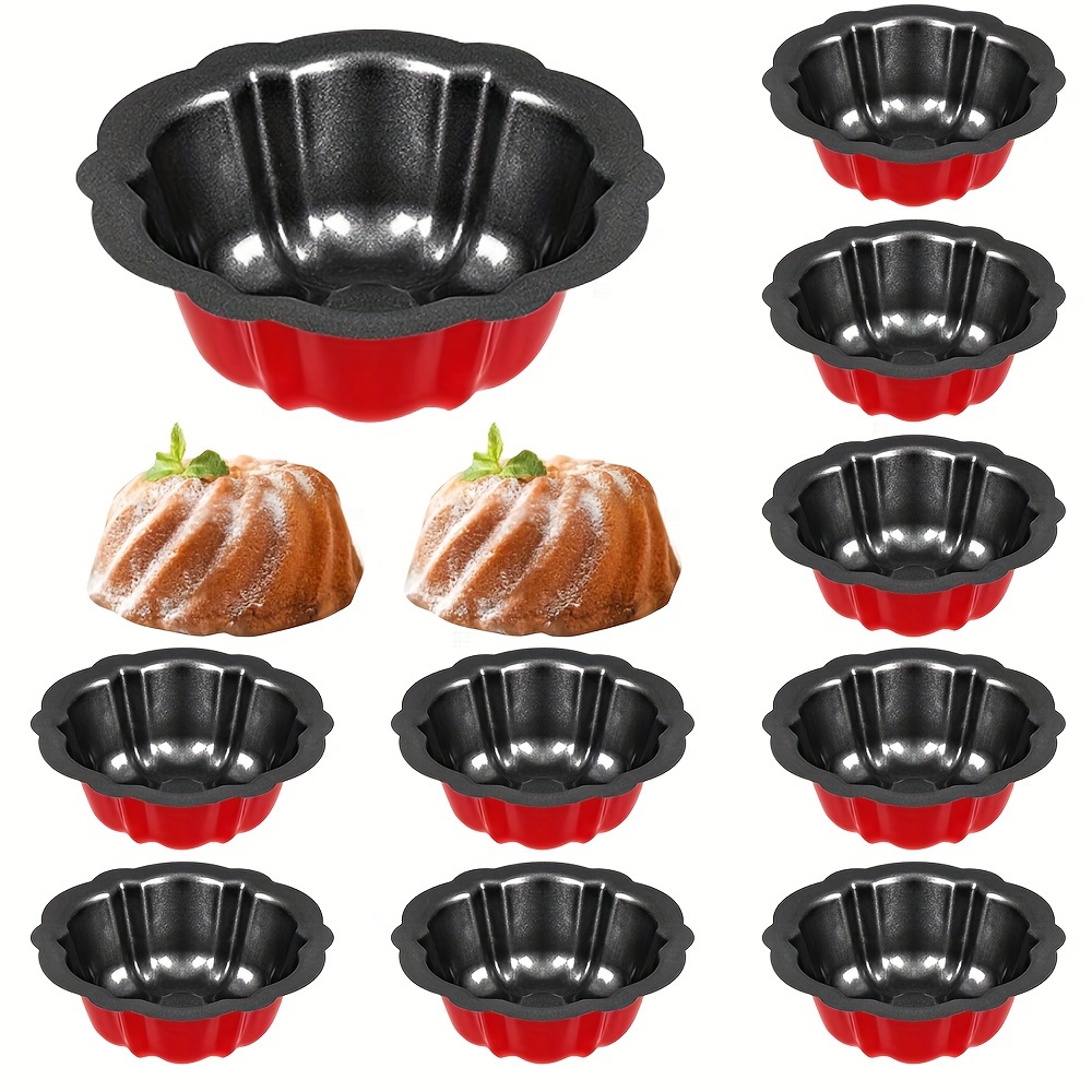 

10 Pieces Carbon Steel Groove Cake Mold Cup With Flower Shape, Non-stick Cake Pan Mini Tube Oven Baking Mold Suitable For Cupcakes, Breads, Bavaro, Brownies, Red