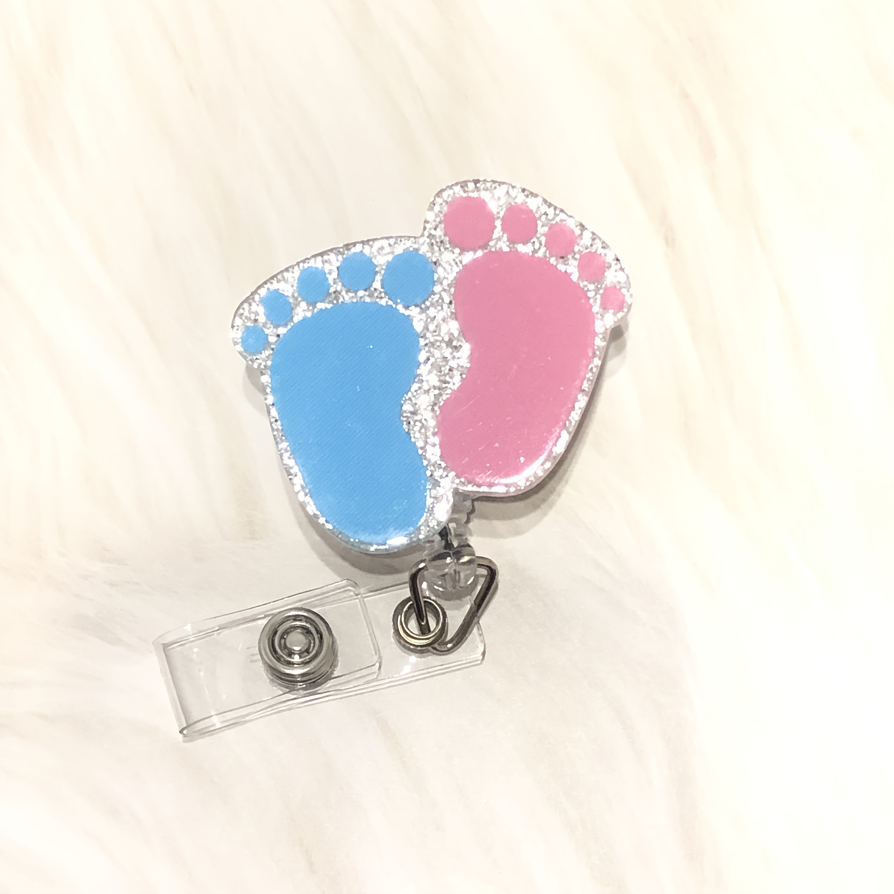 

1pc Acrylic Retractable Badge Reel With Clip - Glitter Footprint Badge Holder For Nurses, Doctors,