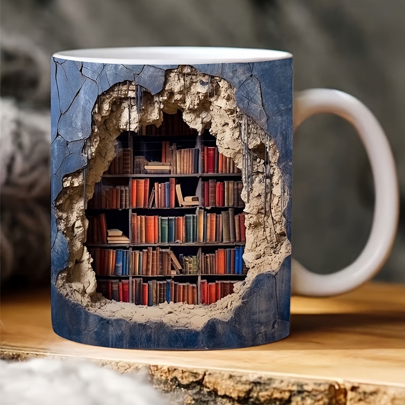 

1pc Bookshelf Design 3d Mug - Novelty Coffee Cup With Surprise Library Inside, Universal Gift For , No Electricity Needed