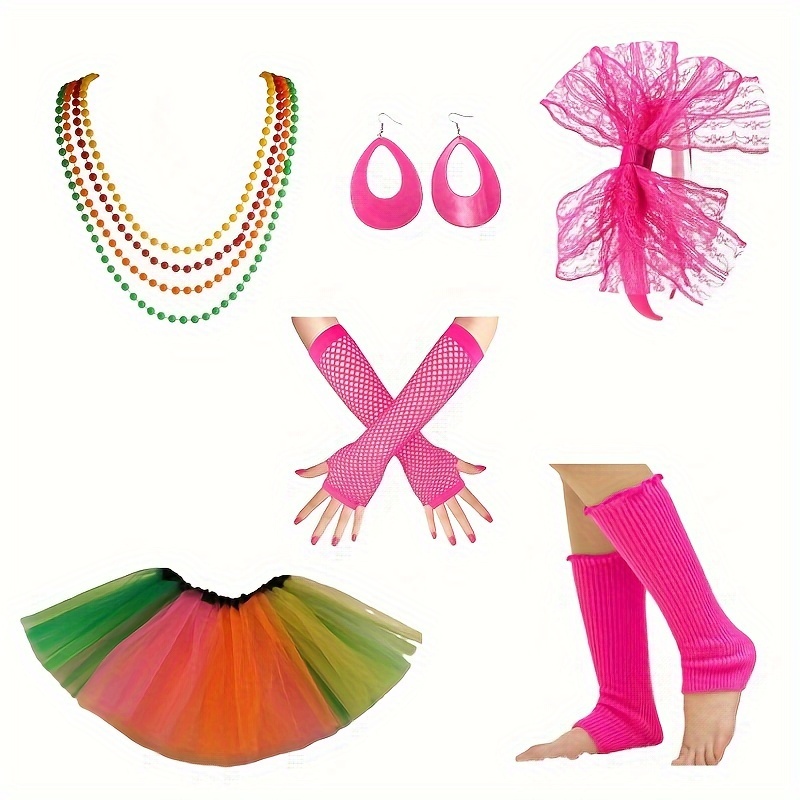 Scettar Women's 80s 90s Outfit, Includes Necklace, Earrings, Glasses,  Gloves, Anklet, Elastic Bracelet, Headband for Theme Party, Neon Party,  Carnival, Fancy Dress : : Toys