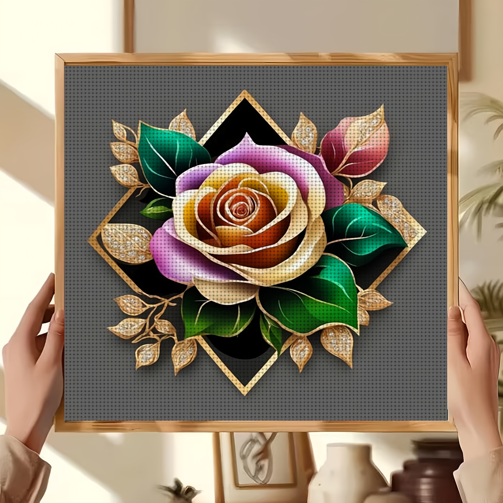 Frameless Cross Stitch Kit, Colorful Rose Jewelry Floral Pattern