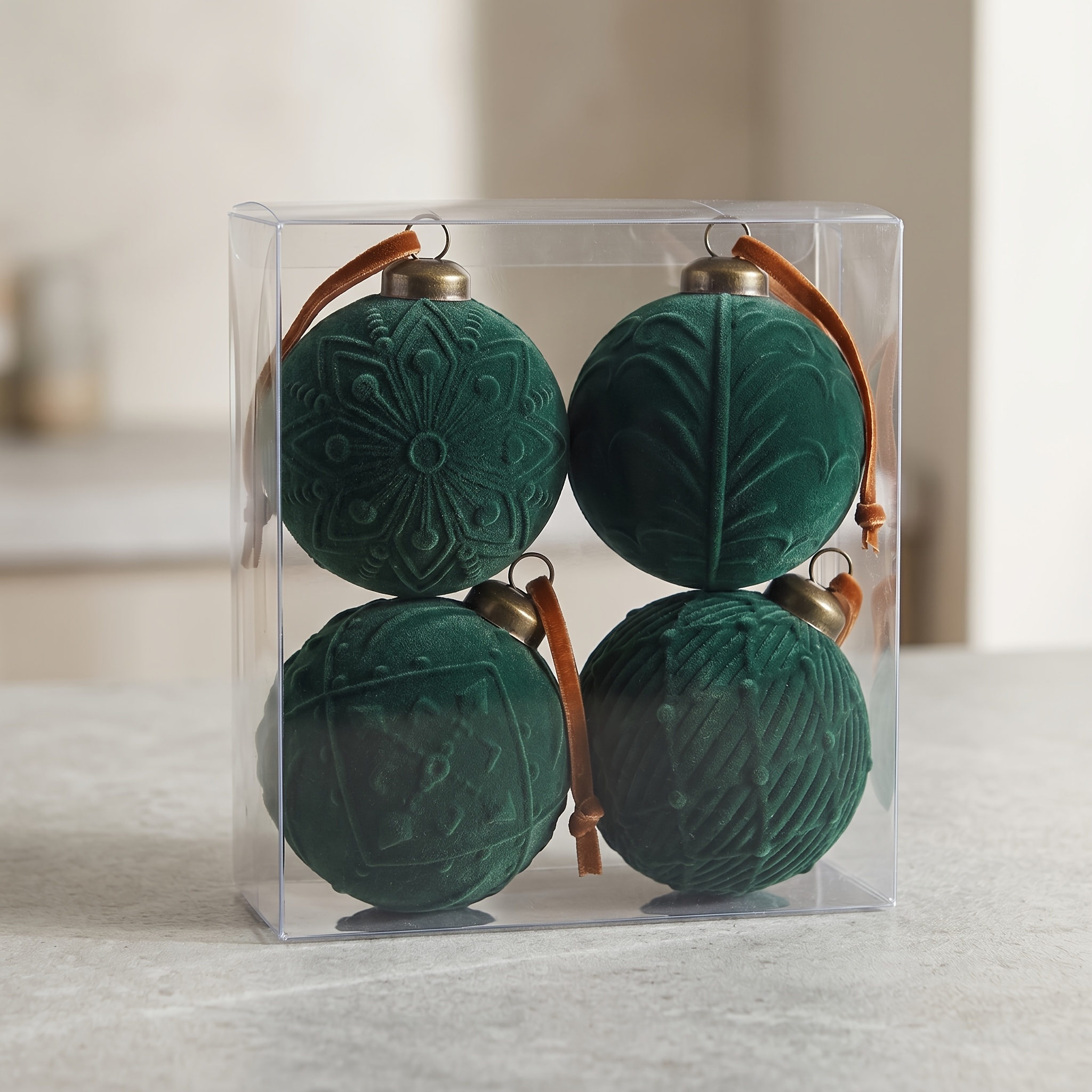 TEMU 4pcs Dark Green Velvet Christmas Ball Decoration Ornaments, 8cm/3.15inch Christmas Tree Hanging Ornament Relief Ornaments Christmas Ball Set