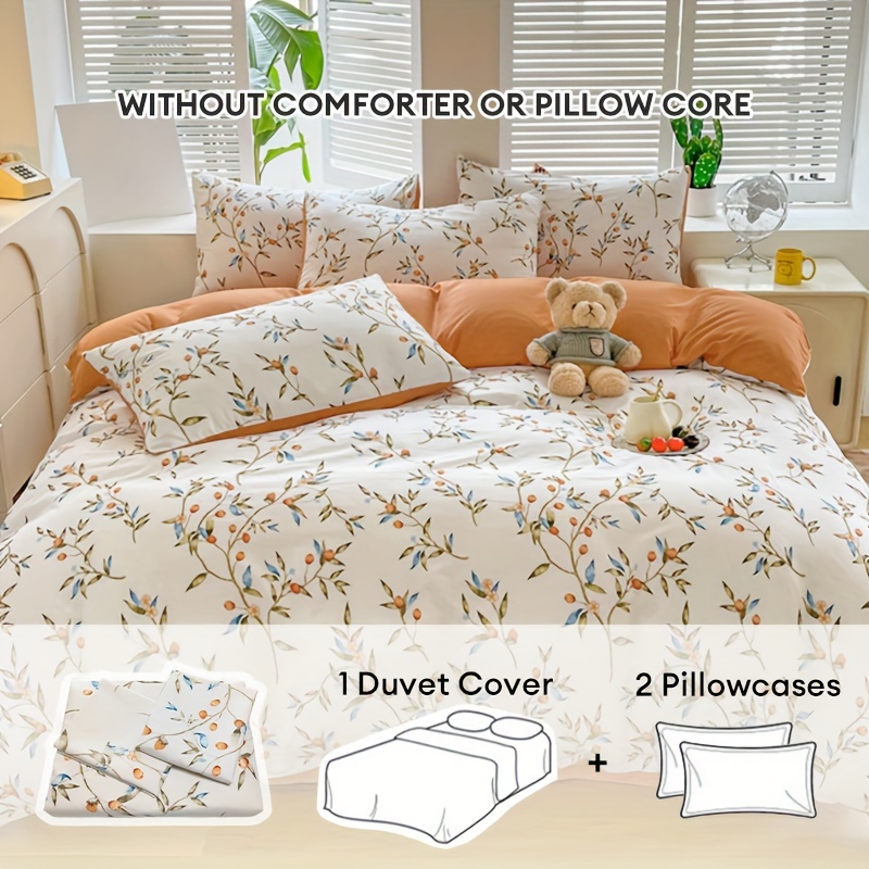 

3pcs Set And Fruit Plant Pattern Quilt Cover 1pc + Pillowcase 2pcs Pastoral Style Home Bedding Comfortable Skin-friendly Non-ball Machine Washed Single Large Size