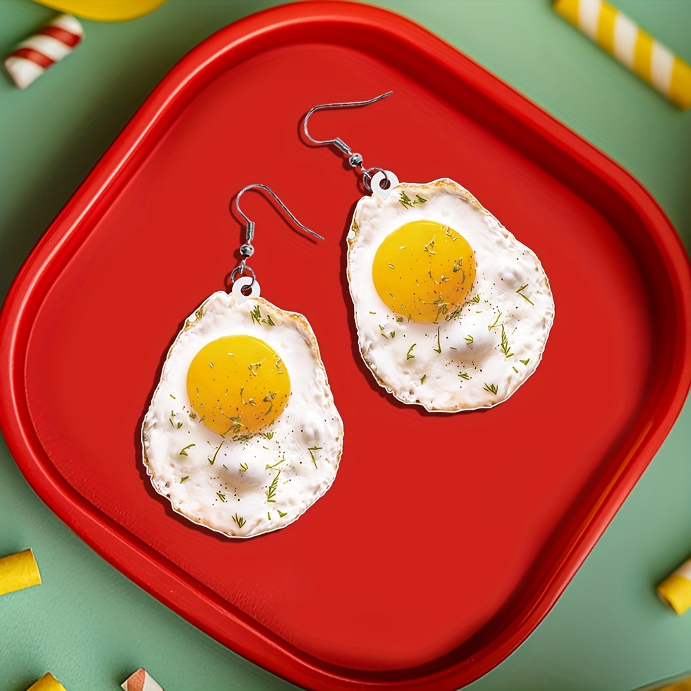 TEMU A Pair Of Fried Egg Earrings - Realistic , Featuring Yolk And Egg White, Lightweight Acrylic Fun Jewelry, Perfect For Women's Party Additions, A