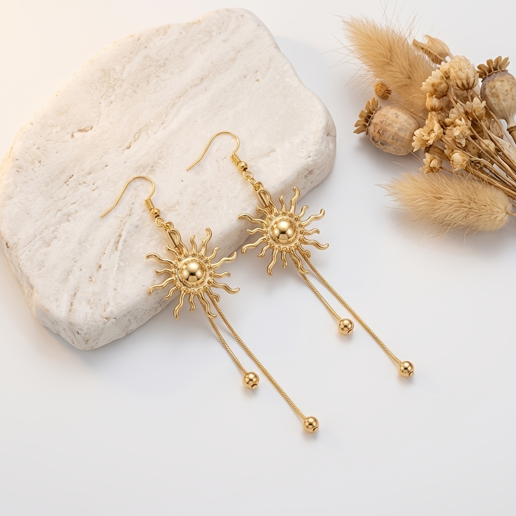 Golden Sun-Shaped Tassel Drop Earrings, Vintage Style
