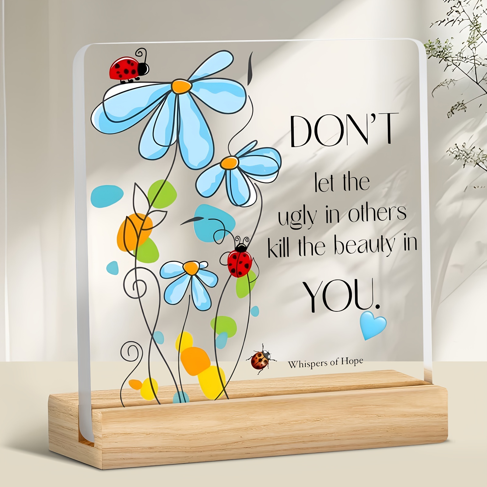 TEMU 2d Flat, 2d Flat Floral Ladybug Desktop Ornament With Watercolor Blue Daisy & Ladybug Decor, Calming Suitable For Bedroom,, Office Desk - Soft