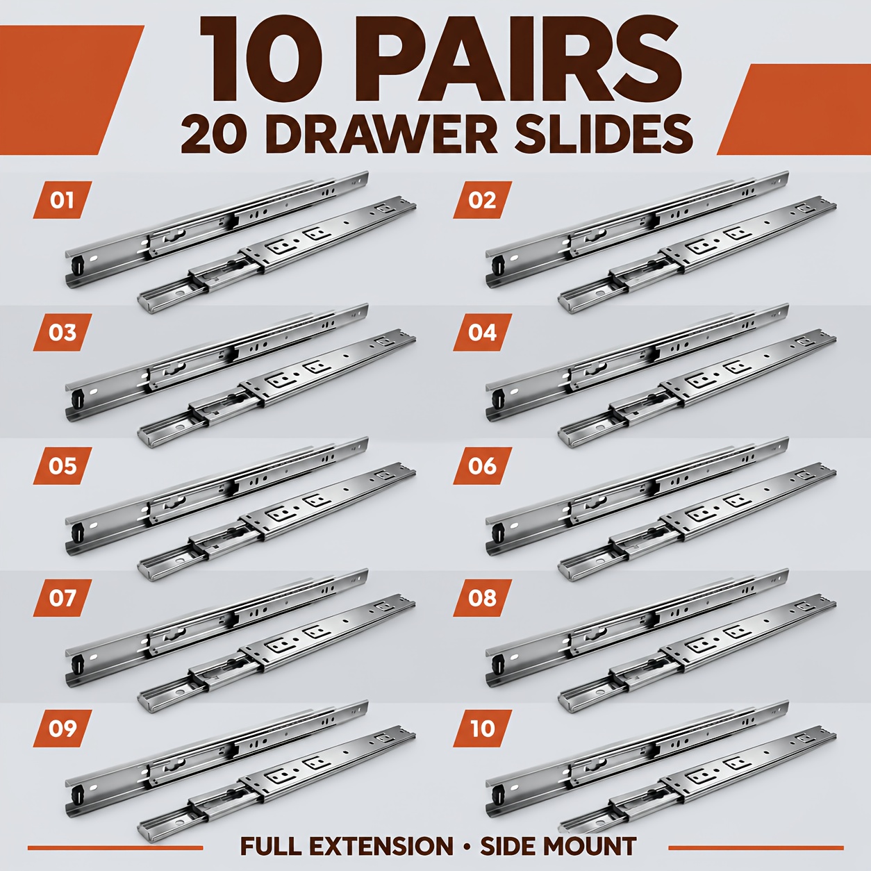 Image of 10 Pairs Full Extension Ball Bearing Drawer Slides, 35.5mm Side Mount Drawer Runners, -plated Steel With Removable Inner Rails For Cabinets, Dressers, And Desks