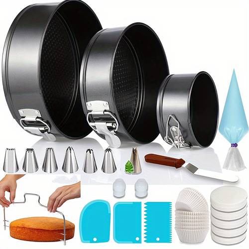 100pcs cake pan sets for baking cake decorating kit with 3 nonstick round spring form pans 4 7 8 inch piping bags and tips cake leveler