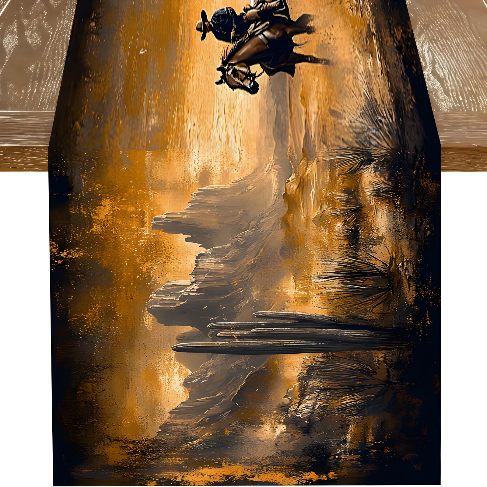 TEMU 1pc Western Wilderness Cowboy Table Runner, Desert Canyon Rider Displaying , Rectangular Shape, For Kitchen, Dining Room, Wedding, Indoor Party,