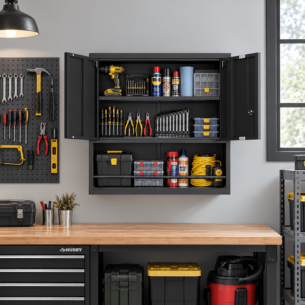 item picture   wall mounted steel storage cabinet lockable tool cabinet with adjustable shelves and an open storage rack versatile storage cabinet easy to clean and organize utility cabinet for garages tool rooms   and office