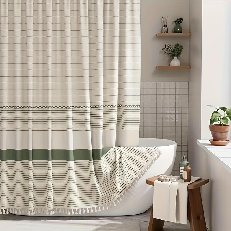 TEMU Bohemian Style Shower Curtain Style Tassel Shower Curtain Set, Style Green Striped Shower Curtain With Hooks Quick Drying Machine Washable Home
