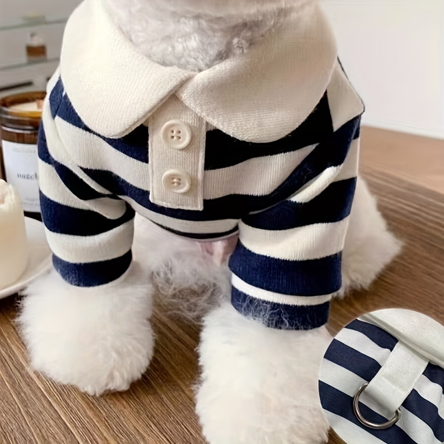 

Cozy Striped Dog T-shirt With Leash Attachment - Soft Knit Pet , White & Navy Blue, Small To Large Breeds, Machine Washable, Dog Clothes