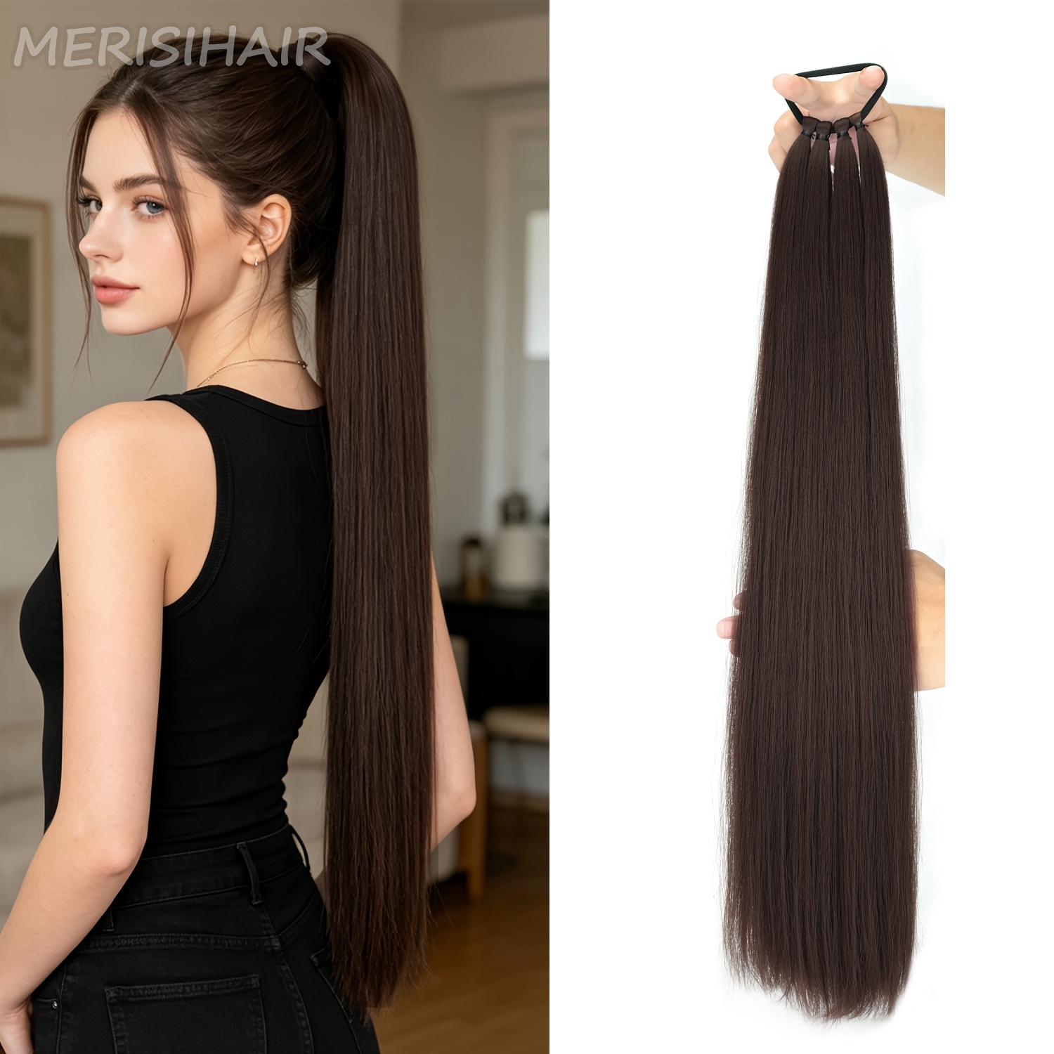 TEMU Extensions de cheveux synthétiques en queue de cheval, bande élastique polyvalente, postiche synthétique pour femme adapté à différentes