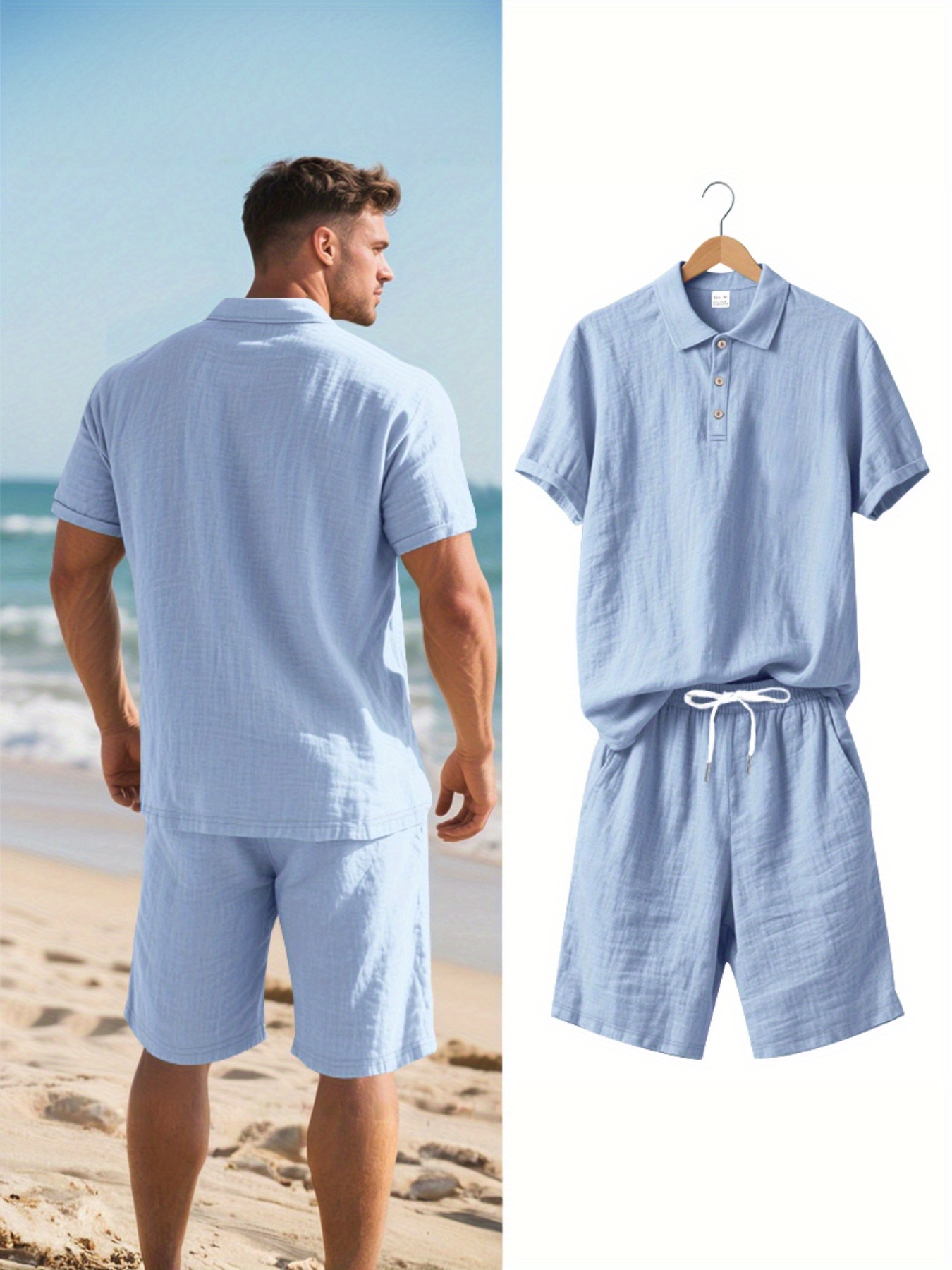 Men's Linen Short Sleeve Shorts Set, Summer Outdoor Sports Casual Breathable Short Sleeve Shirt with Shorts