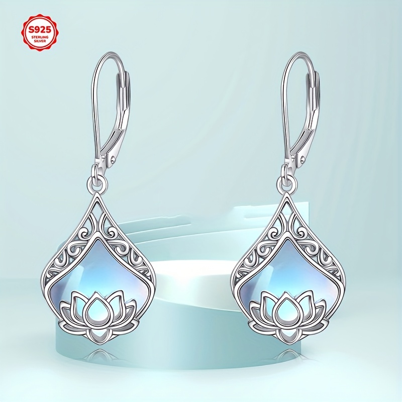 for lotus flower earrings 925 sterling silvery teardrop synthetic   dangle earrings for women for lotus jewelry birthday Product details 0