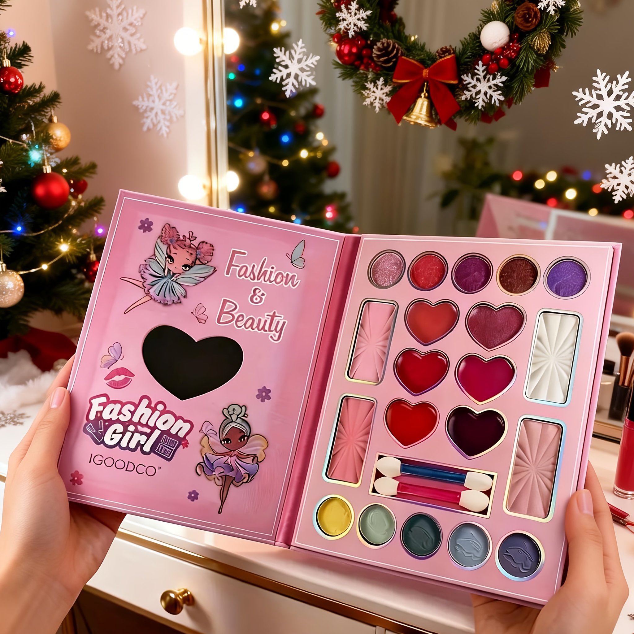 neue niedliche 20-farben-make-up-palette mit cartoon-einhorn- , inklusive 2 make-up-pinseln, perlmuttartiger   highlighter, lippen- & wangenstift mit doppelter verwendung, rouge, lidschatten,   für mädchen-feiertags-verabredungen tägliches schminkspiel, kompakte schönheitspalette mit