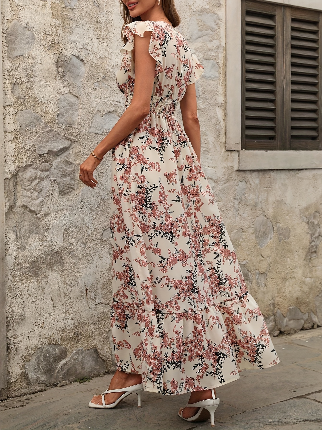 Women'S Floral V-Neck Maxi Dress with Ruffle Hem - Casual Summer A-Line  Dress, Geometric Print, Shirred Waist, Lightweight Polyester * Adul